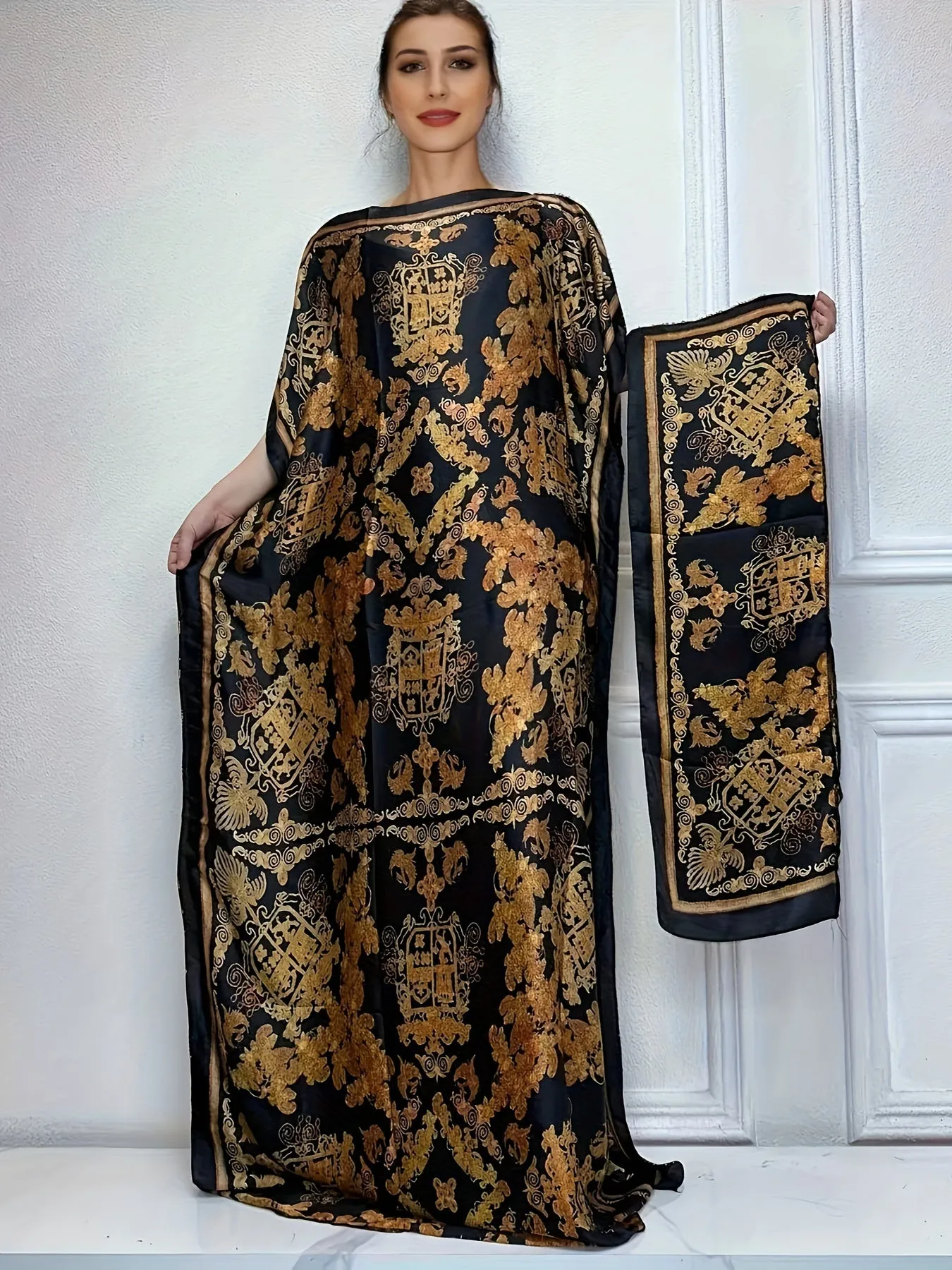 Stunning Floral Print Crew Neck Long Sleeve Maxi Kaftan Dress - Elegant, Loose Fit, Belted, Polyester, All Over Print, Woven, Middle East Style, Spring/Summer/Fall Wear - Womens Clothing, Tunic Dress for Casual Occasions