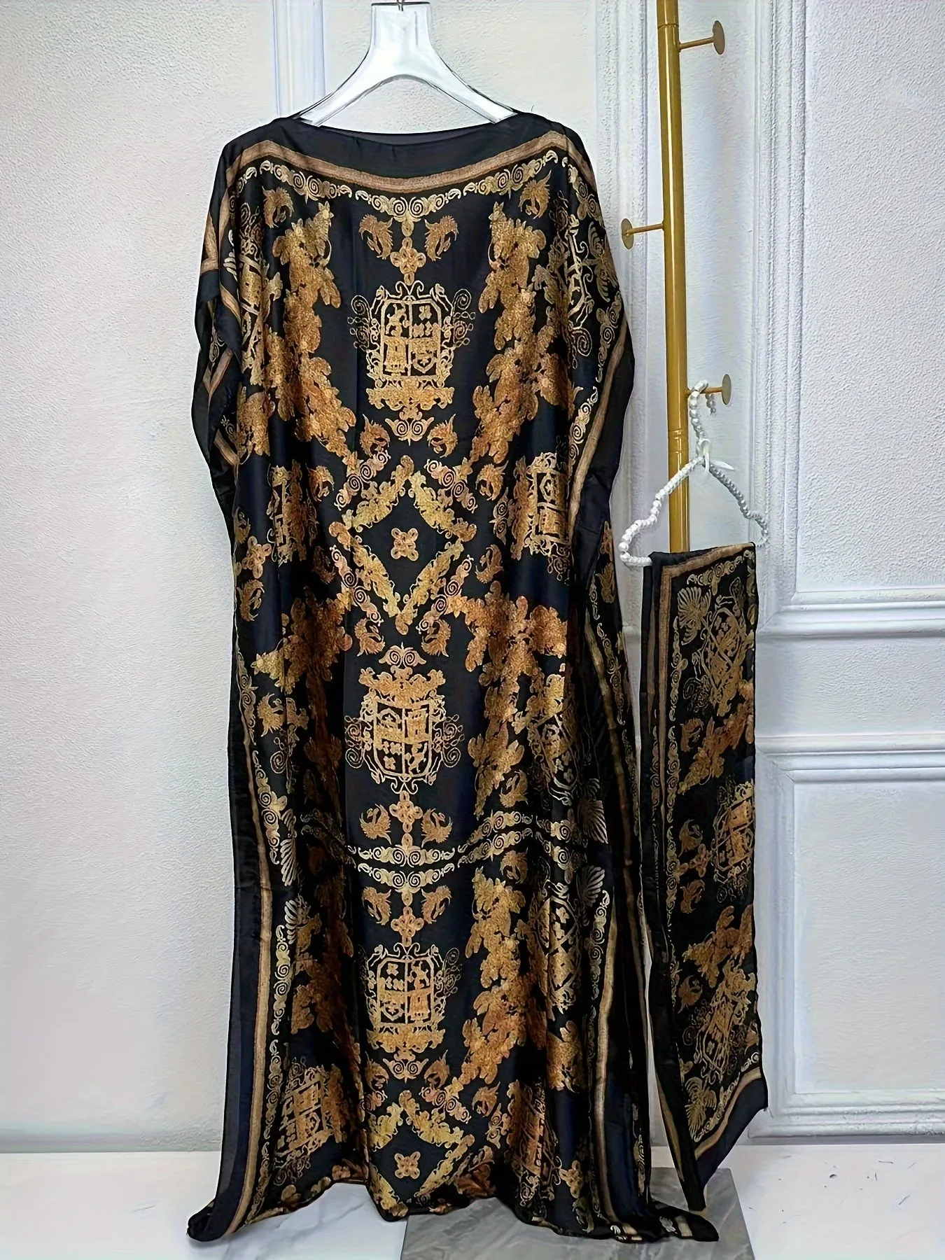 Stunning Floral Print Crew Neck Long Sleeve Maxi Kaftan Dress - Elegant, Loose Fit, Belted, Polyester, All Over Print, Woven, Middle East Style, Spring/Summer/Fall Wear - Womens Clothing, Tunic Dress for Casual Occasions