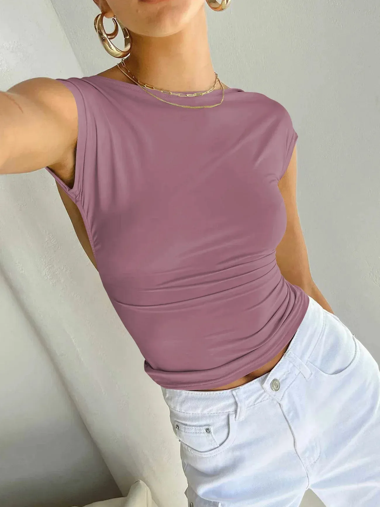 Summer Backless Moisture Absorption Comfortable Short Sleeve Nylon Women's Top T-shirt