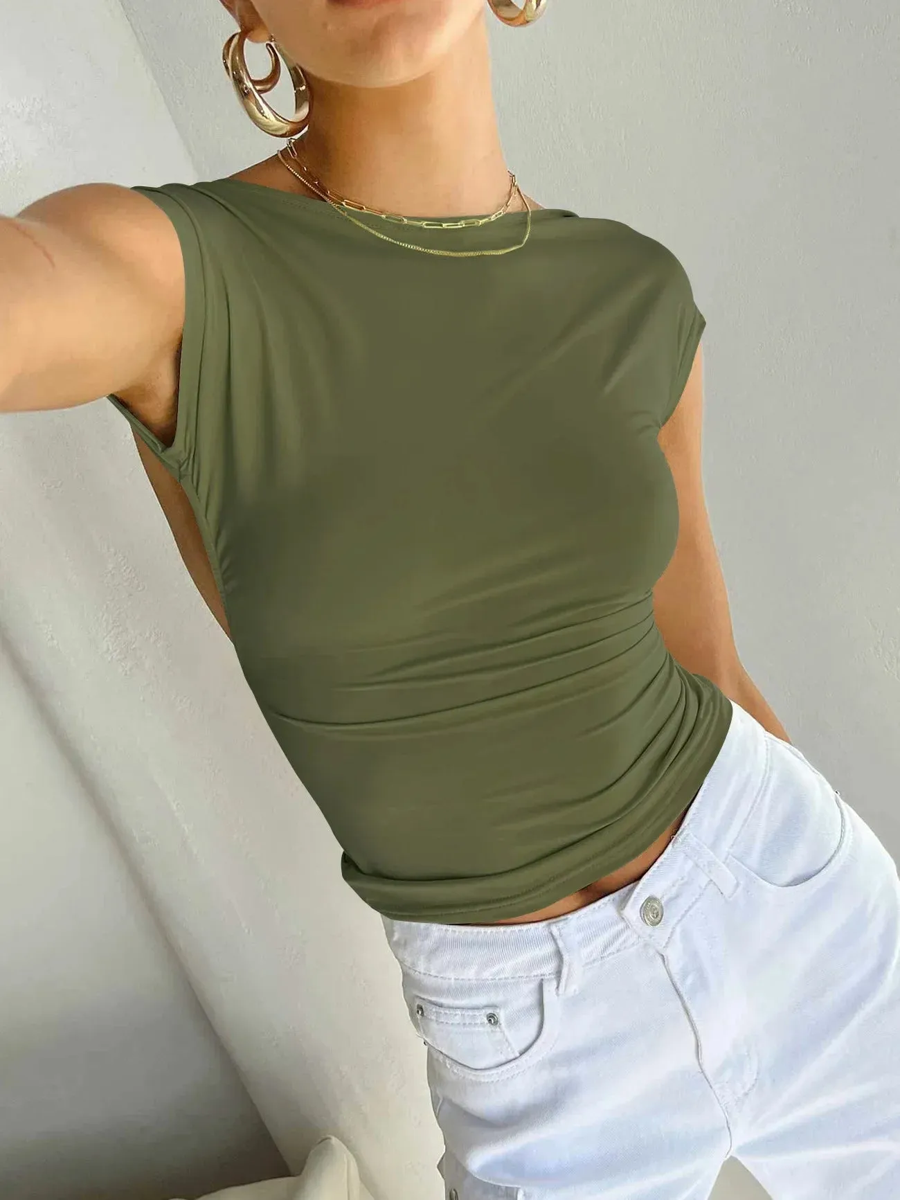 Summer Backless Moisture Absorption Comfortable Short Sleeve Nylon Women's Top T-shirt