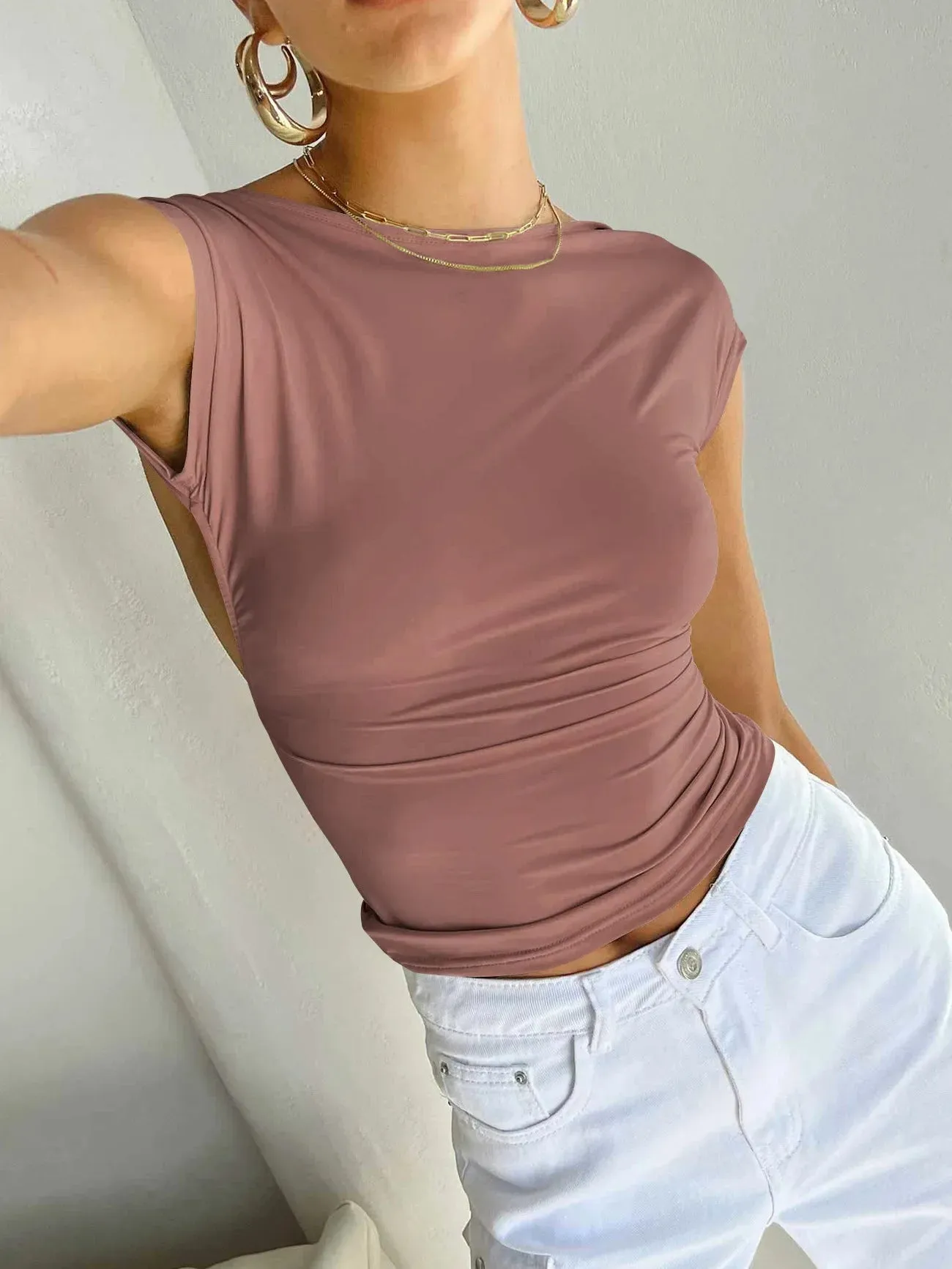 Summer Backless Moisture Absorption Comfortable Short Sleeve Nylon Women's Top T-shirt