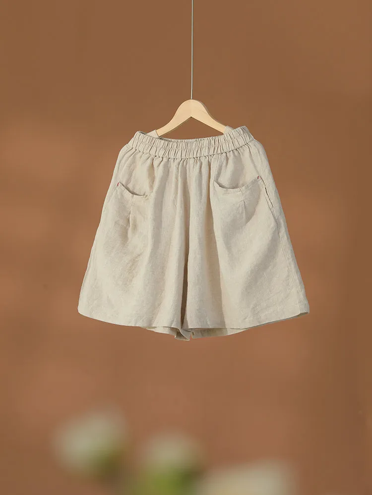 Summer Casual Pleated Loose Shorts Suit For Daily And Trip, Natural Linen Shorts