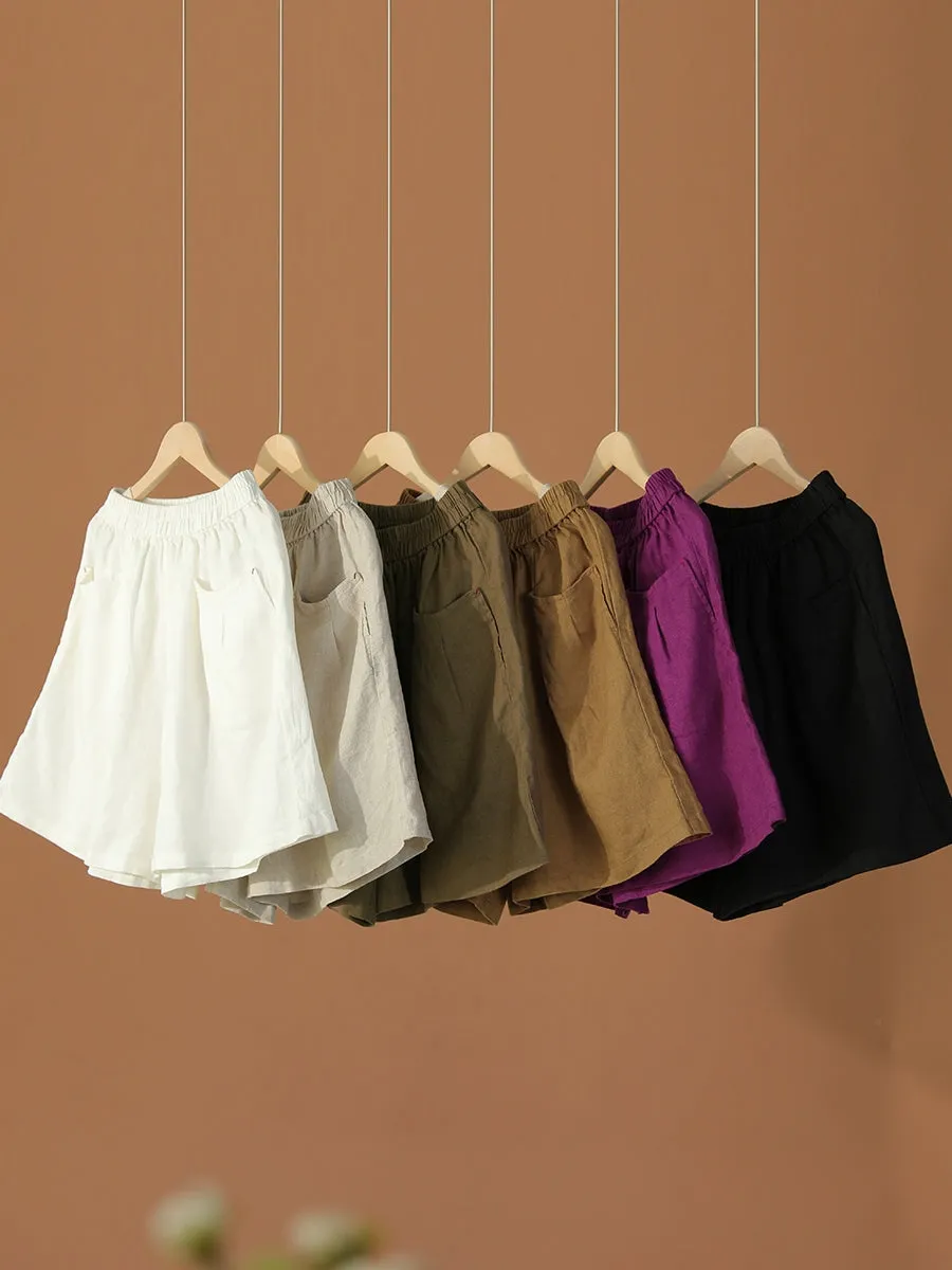 Summer Casual Pleated Loose Shorts Suit For Daily And Trip, Natural Linen Shorts