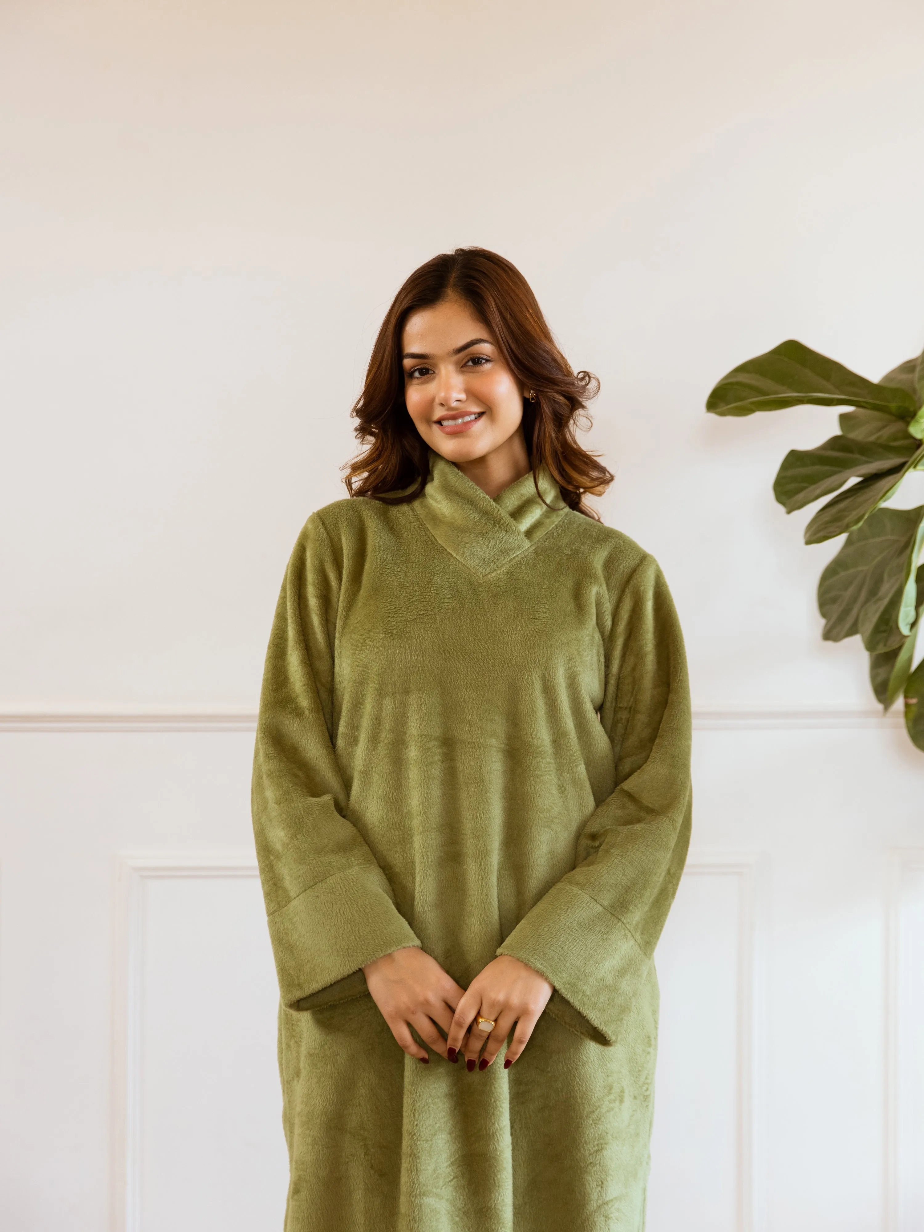 Super Soft Green Woollen Cross Neck Midi Dress