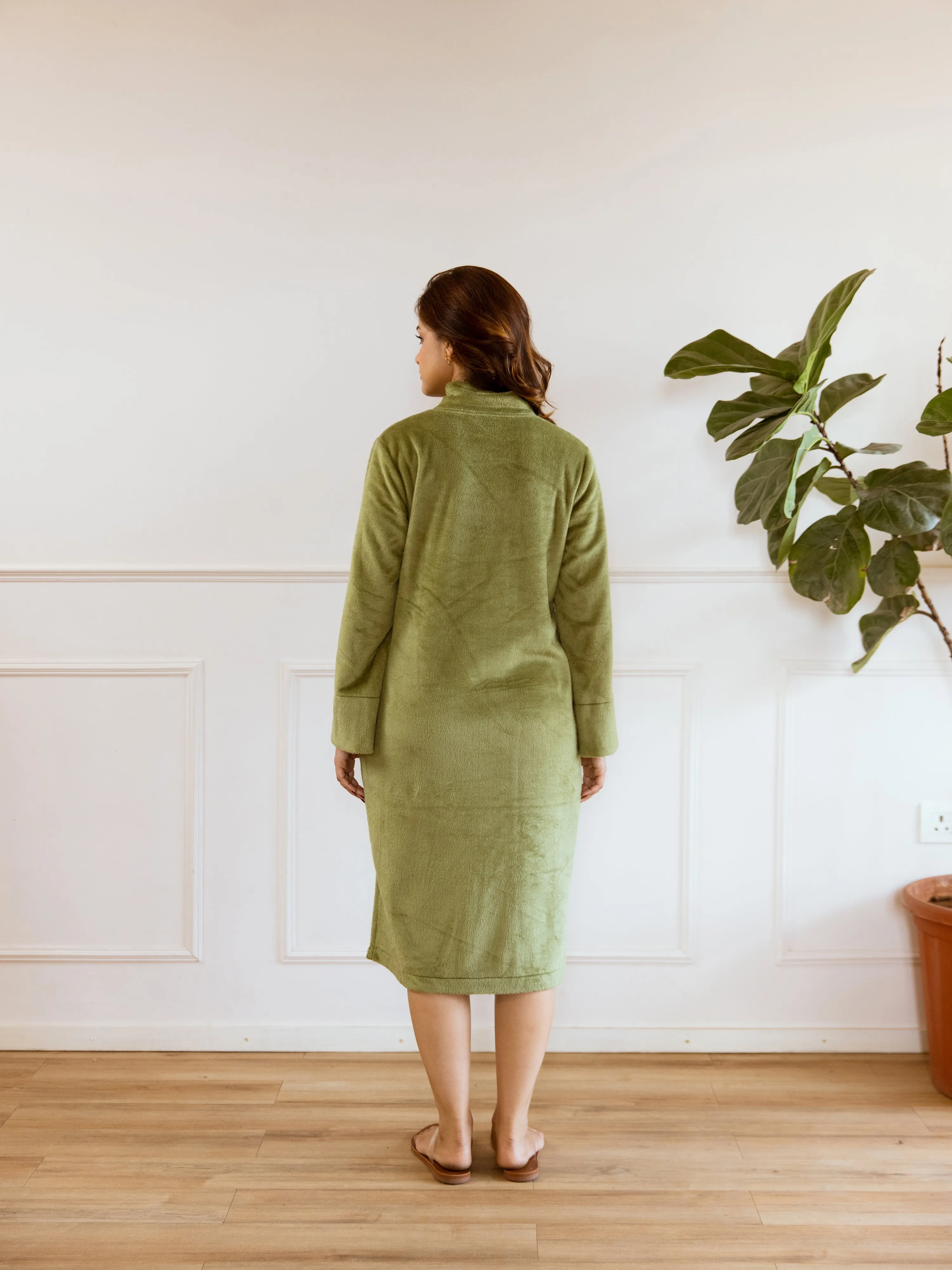 Super Soft Green Woollen Cross Neck Midi Dress