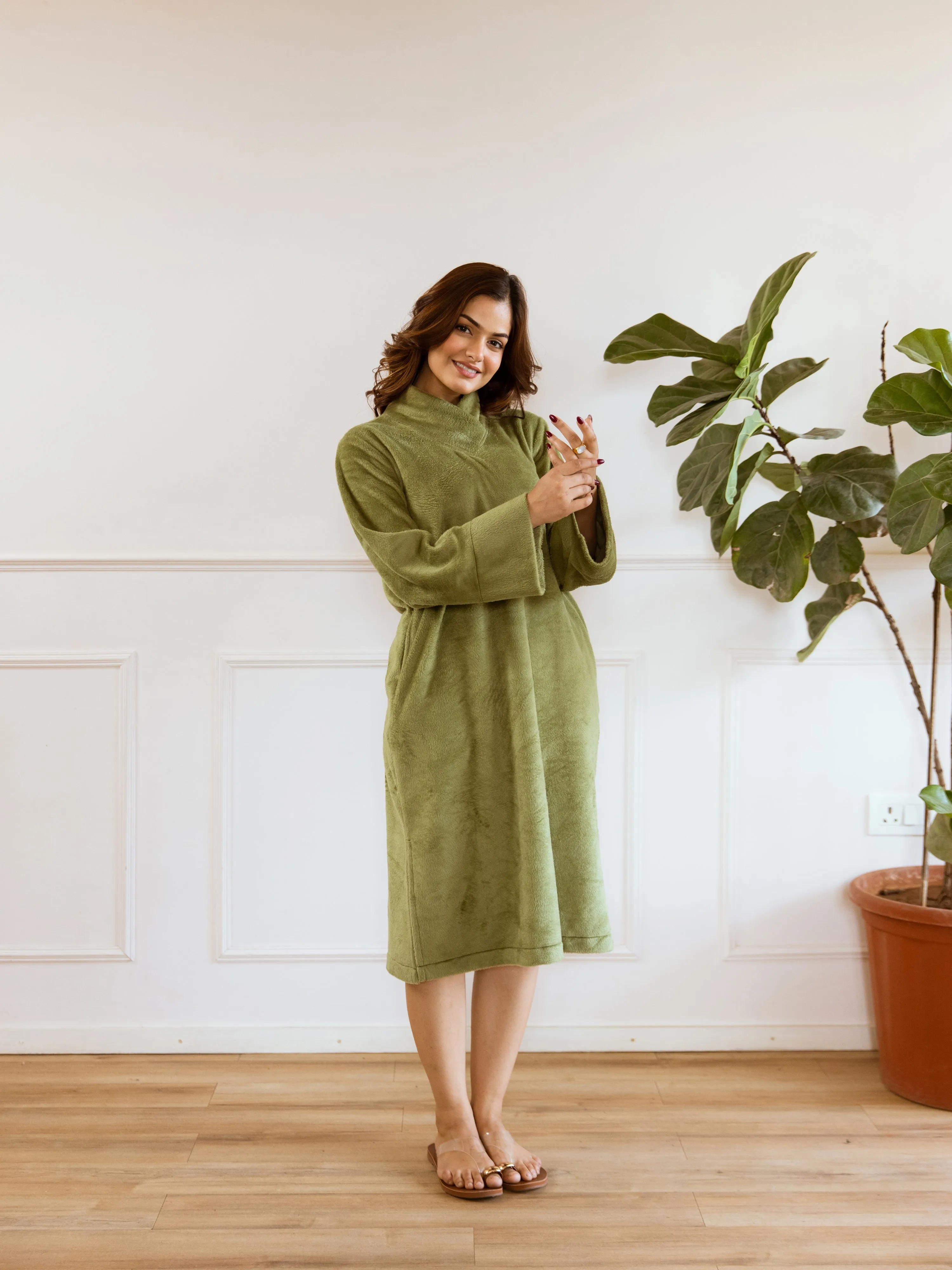 Super Soft Green Woollen Cross Neck Midi Dress