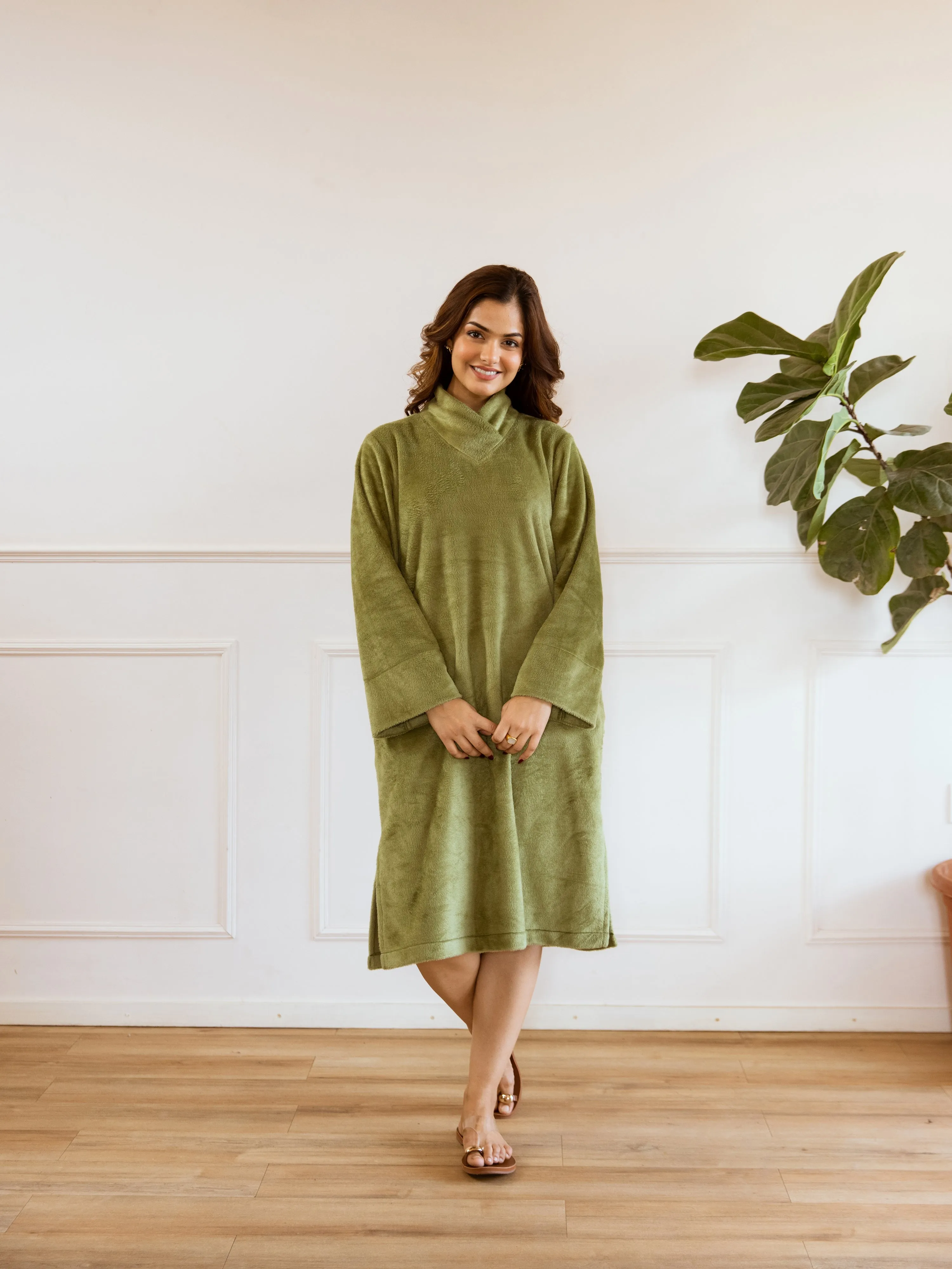 Super Soft Green Woollen Cross Neck Midi Dress