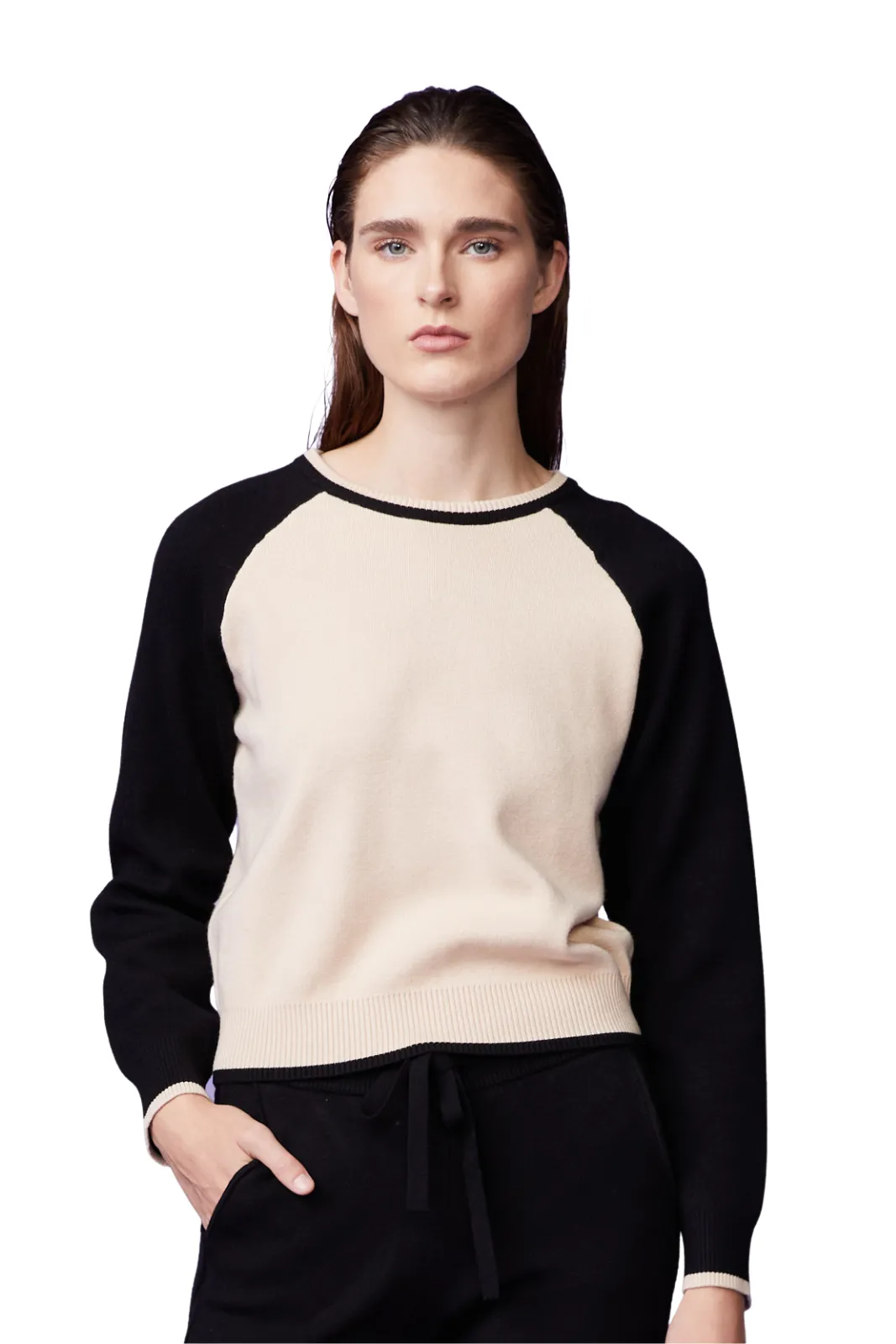 Supersoft Sweater Knit Color Block Raglan, Black/Off White