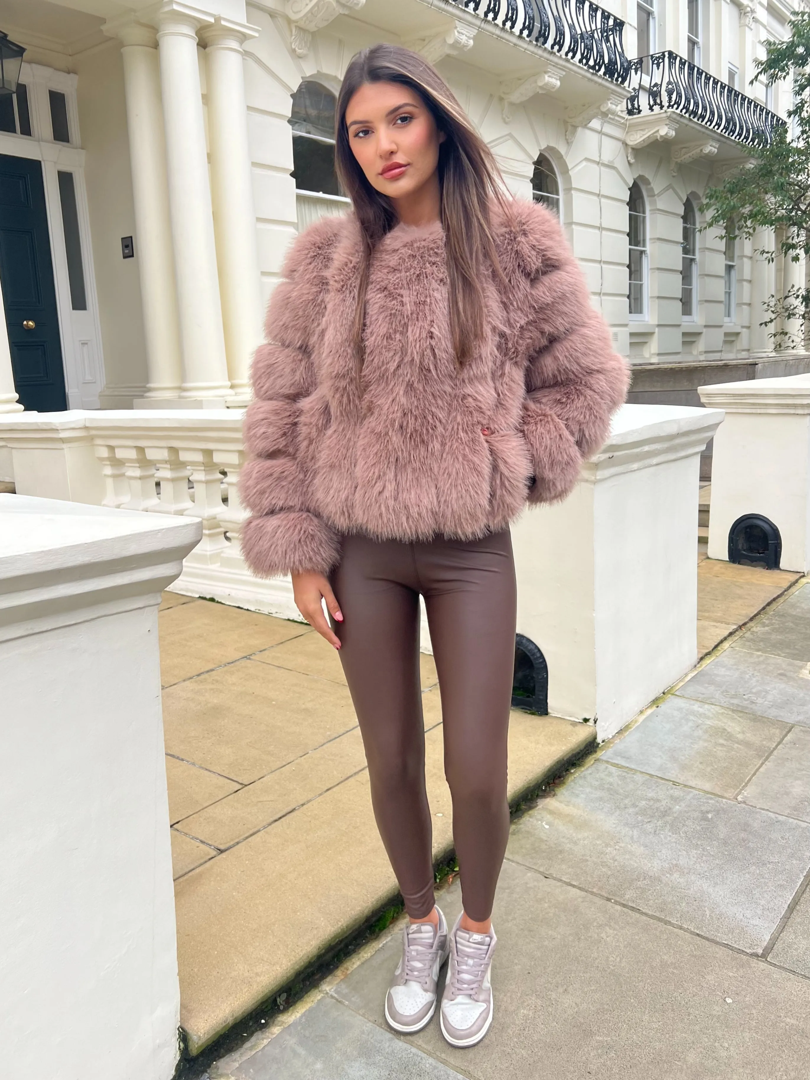 Taupe Vertical Design Faux Fur Coat