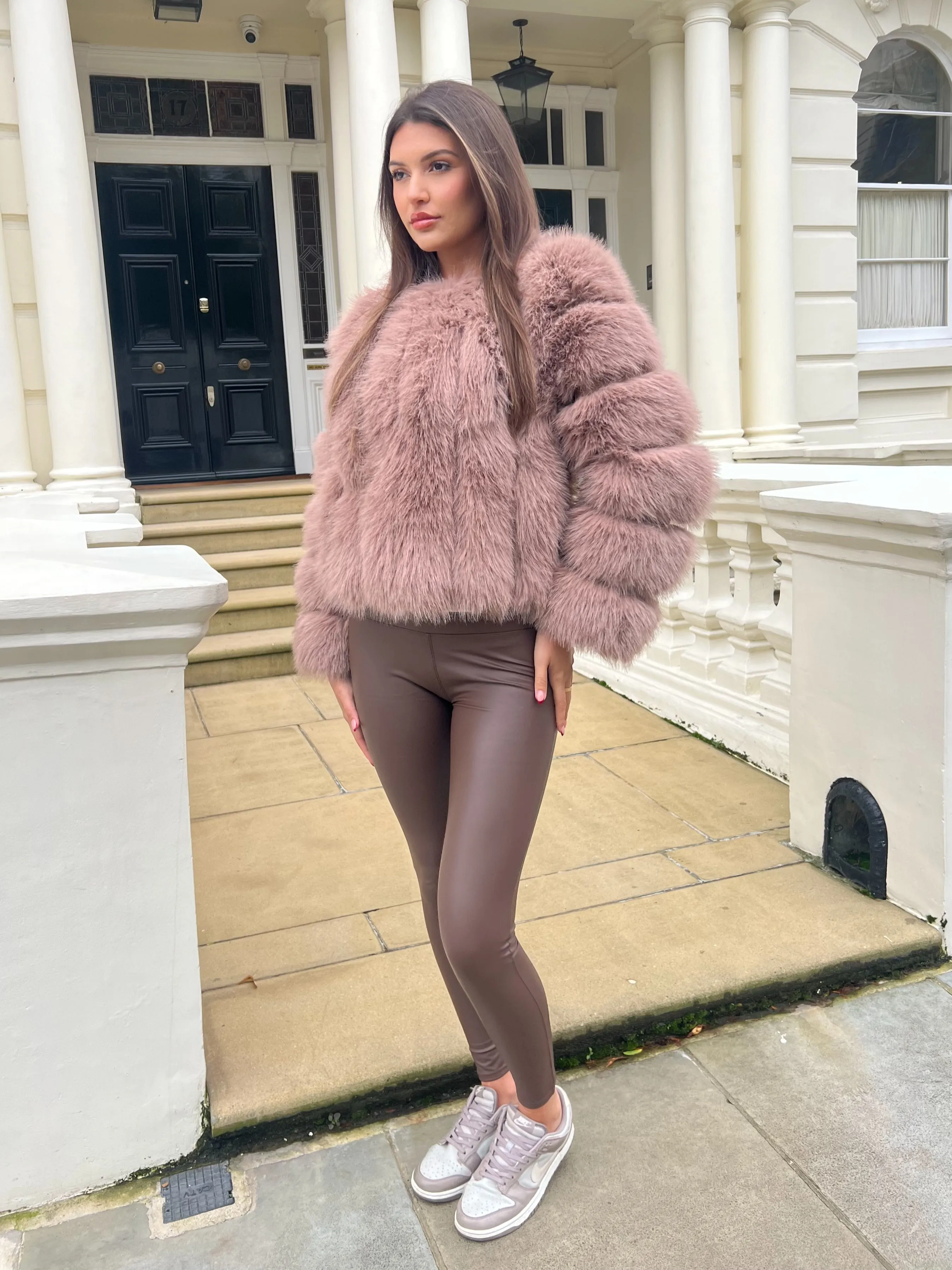 Taupe Vertical Design Faux Fur Coat