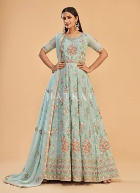 Teal Blue Multi Embroidered Partywear Anarkali Suit