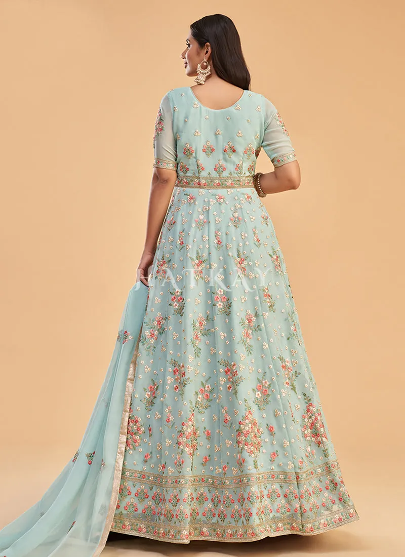 Teal Blue Multi Embroidered Partywear Anarkali Suit