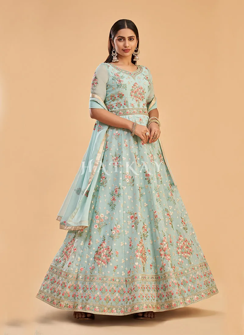 Teal Blue Multi Embroidered Partywear Anarkali Suit