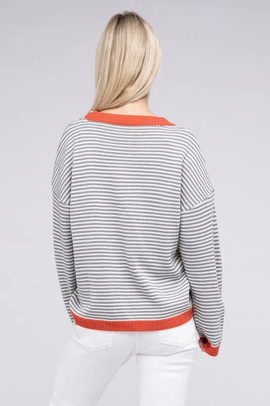 TEEK - Grey Striped Contrast Trimmed Knit Top