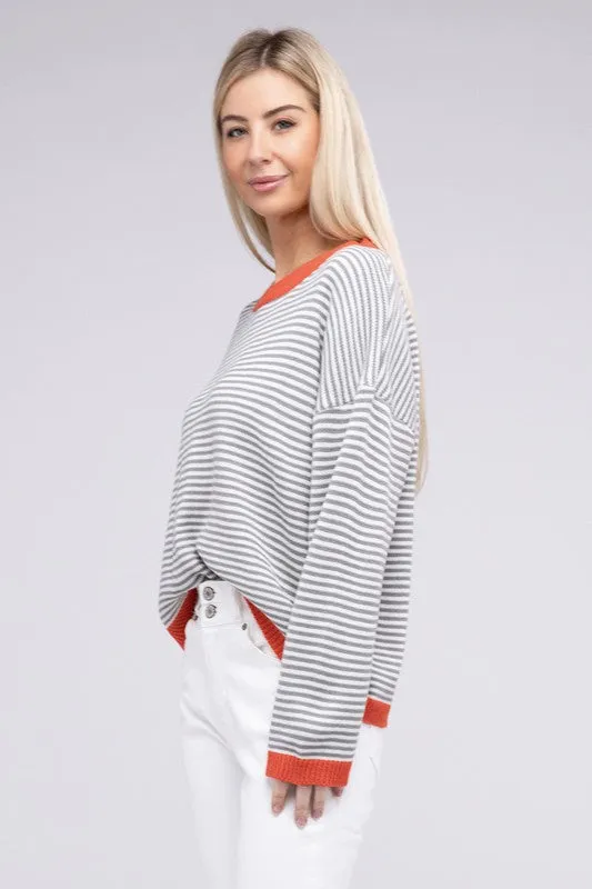 TEEK - Grey Striped Contrast Trimmed Knit Top