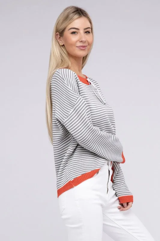 TEEK - Grey Striped Contrast Trimmed Knit Top