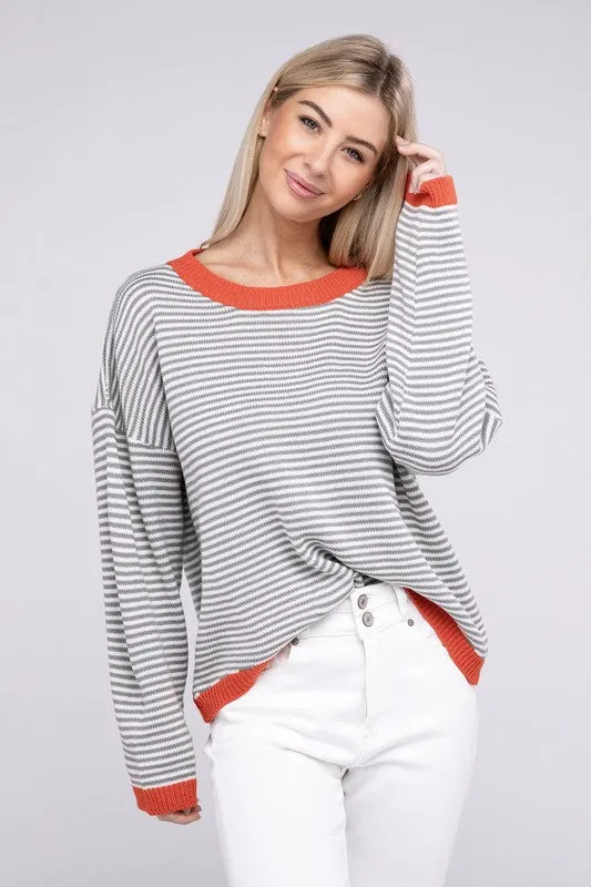 TEEK - Grey Striped Contrast Trimmed Knit Top