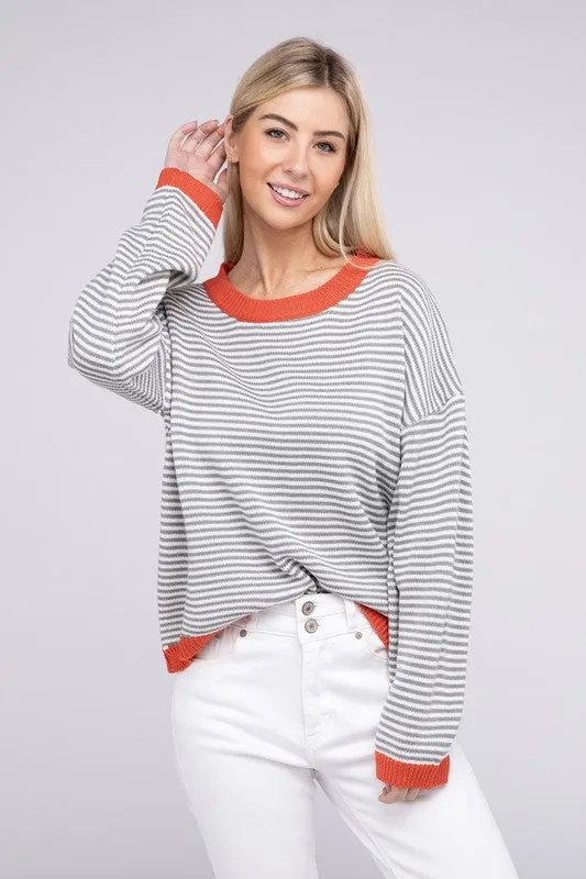 TEEK - Grey Striped Contrast Trimmed Knit Top