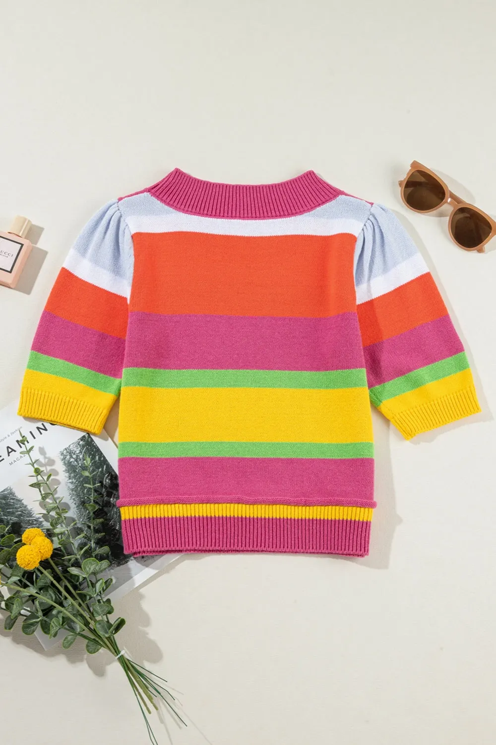 TEEK - Orange Color Block Half Sleeve Knit Top