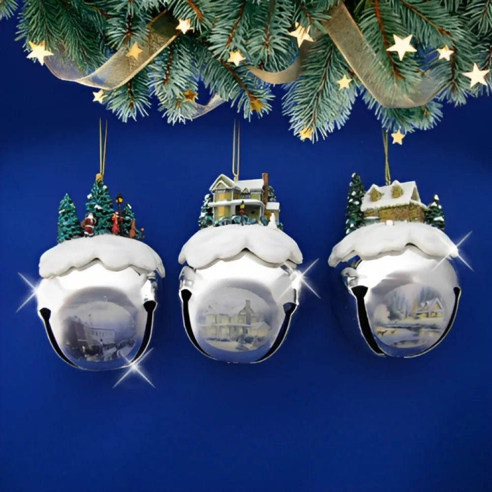 The Ashton-Drake Galleries Winter Sleigh Bells #4 Ornament Collection Set of 3 Christmas Decoration by Thomas Kinkade 3-inches