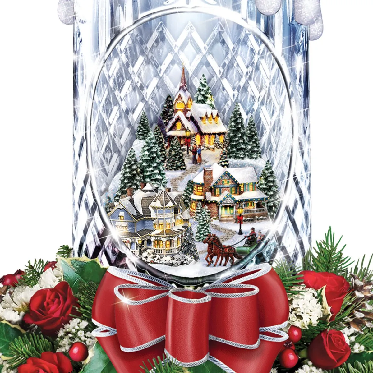 The Bradford Exchange All Is Bright Illuminated Crystal Candle Tabletop Centerpiece Christmas Decoration by Thomas Kinkade 10-Inches