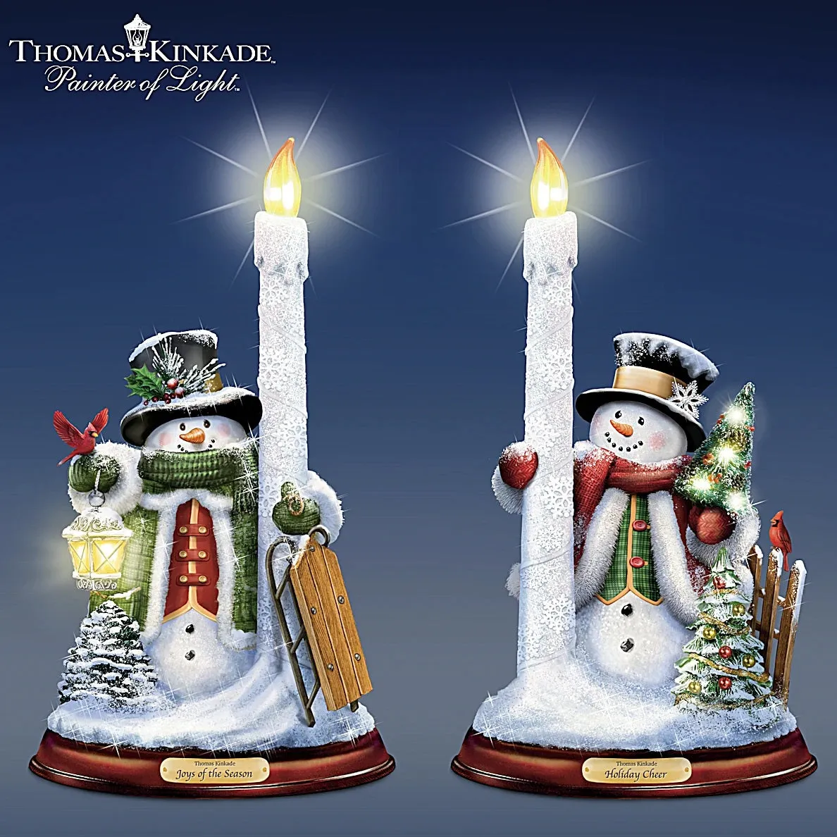 The Bradford Exchange All Is Bright Illuminated Flameless Candleholder Set Snowman Sculptures by Thomas Kinkade 5-1/8"W x 9"H