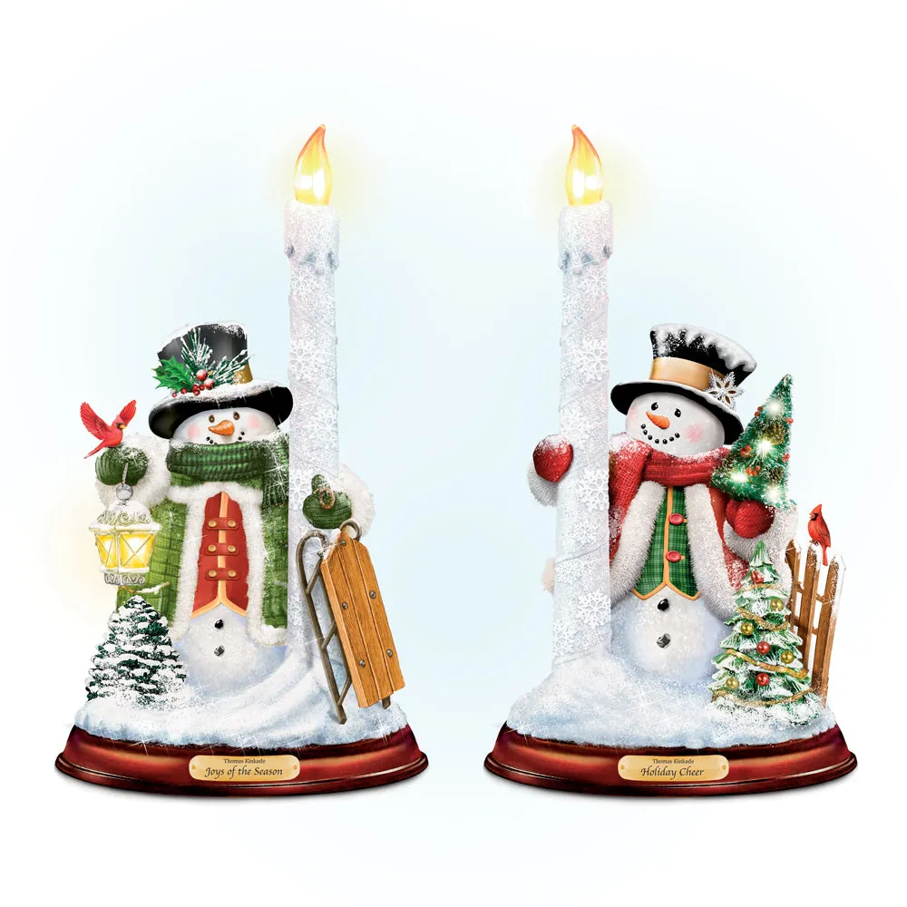 The Bradford Exchange All Is Bright Illuminated Flameless Candleholder Set Snowman Sculptures by Thomas Kinkade 5-1/8"W x 9"H