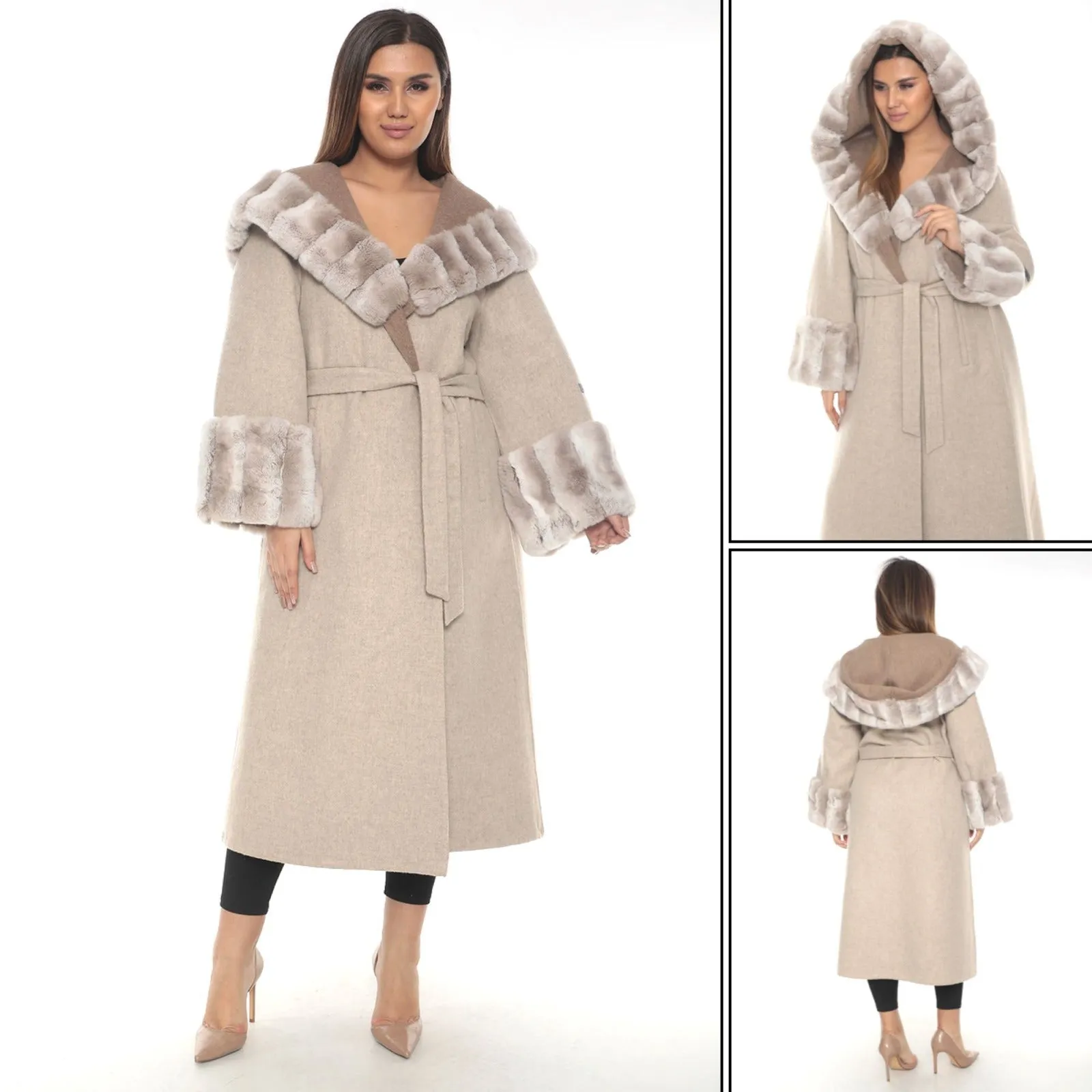 Timeless Beige Alpaca Wool & Rex Fur Long Coat