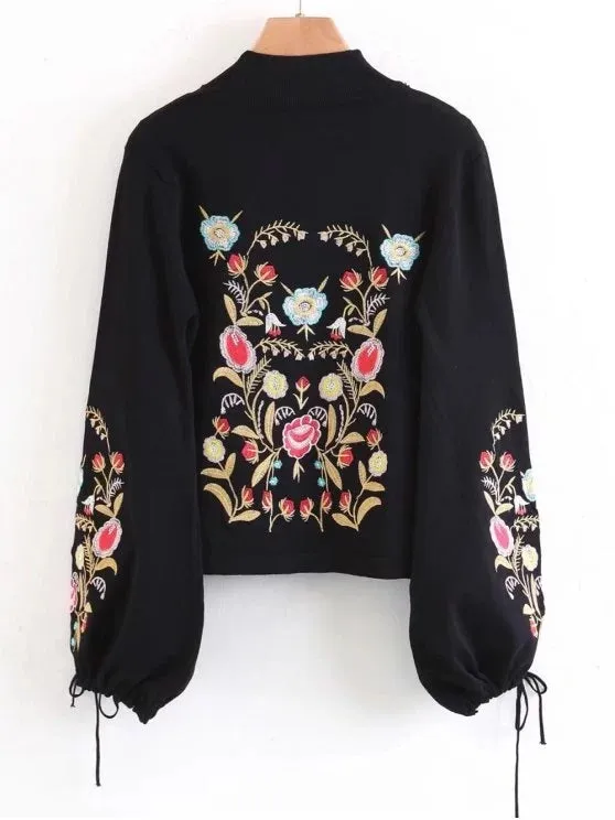 Trendy Mock Neck Flare Sleeve Floral Embroidered Sweater