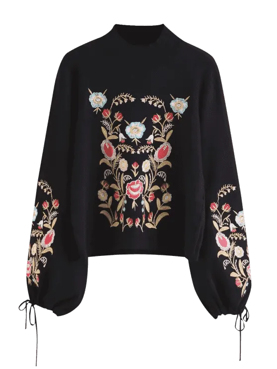 Trendy Mock Neck Flare Sleeve Floral Embroidered Sweater