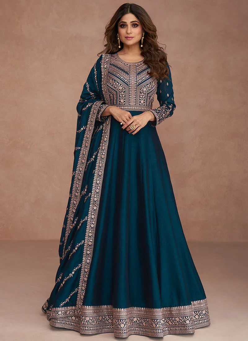 Turquoise Sequence Embroidery Festive Anarkali Gown