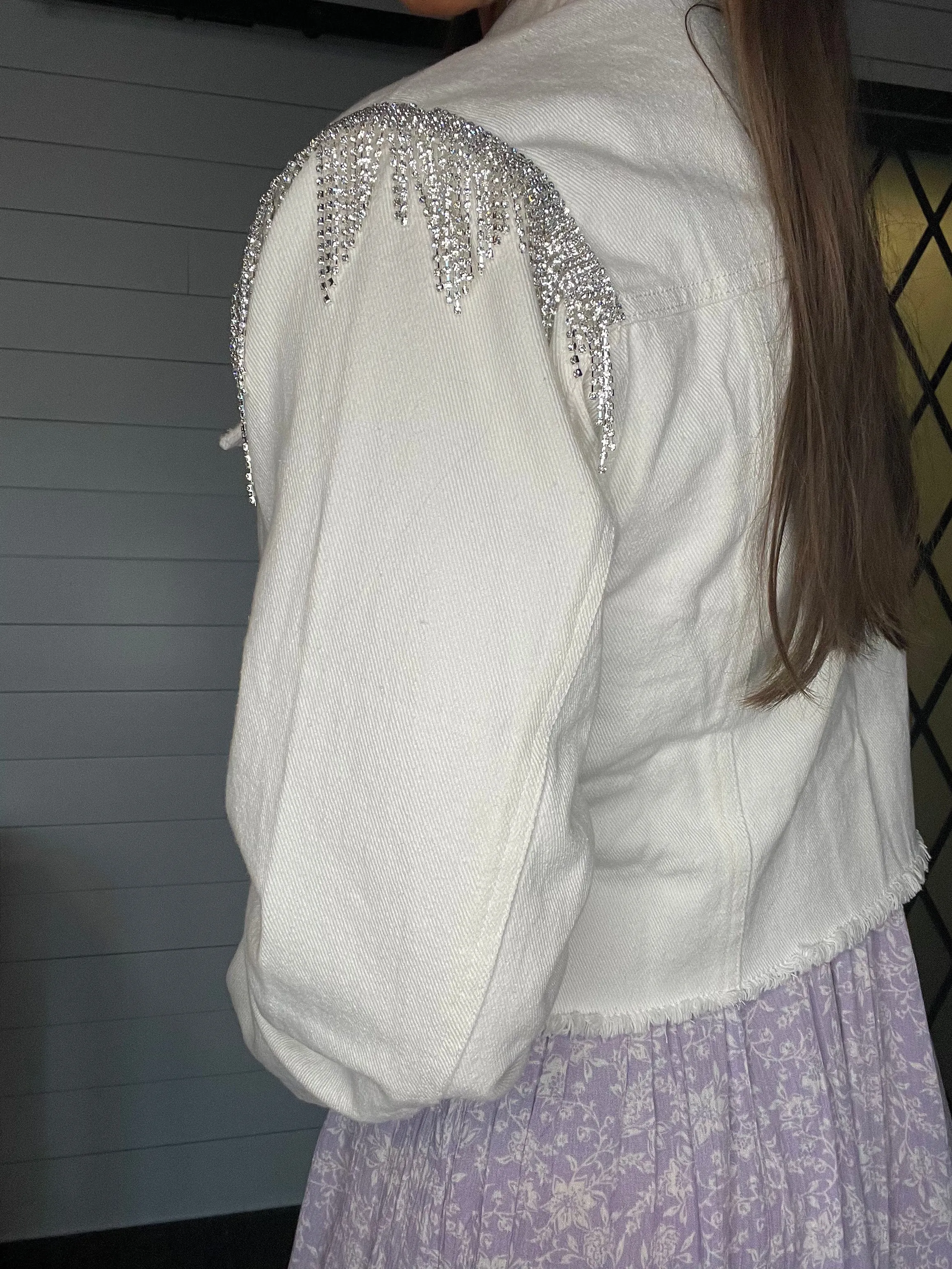 Twill Rhinestone Fringe Shoulder Crop Frayed Denim Jacket