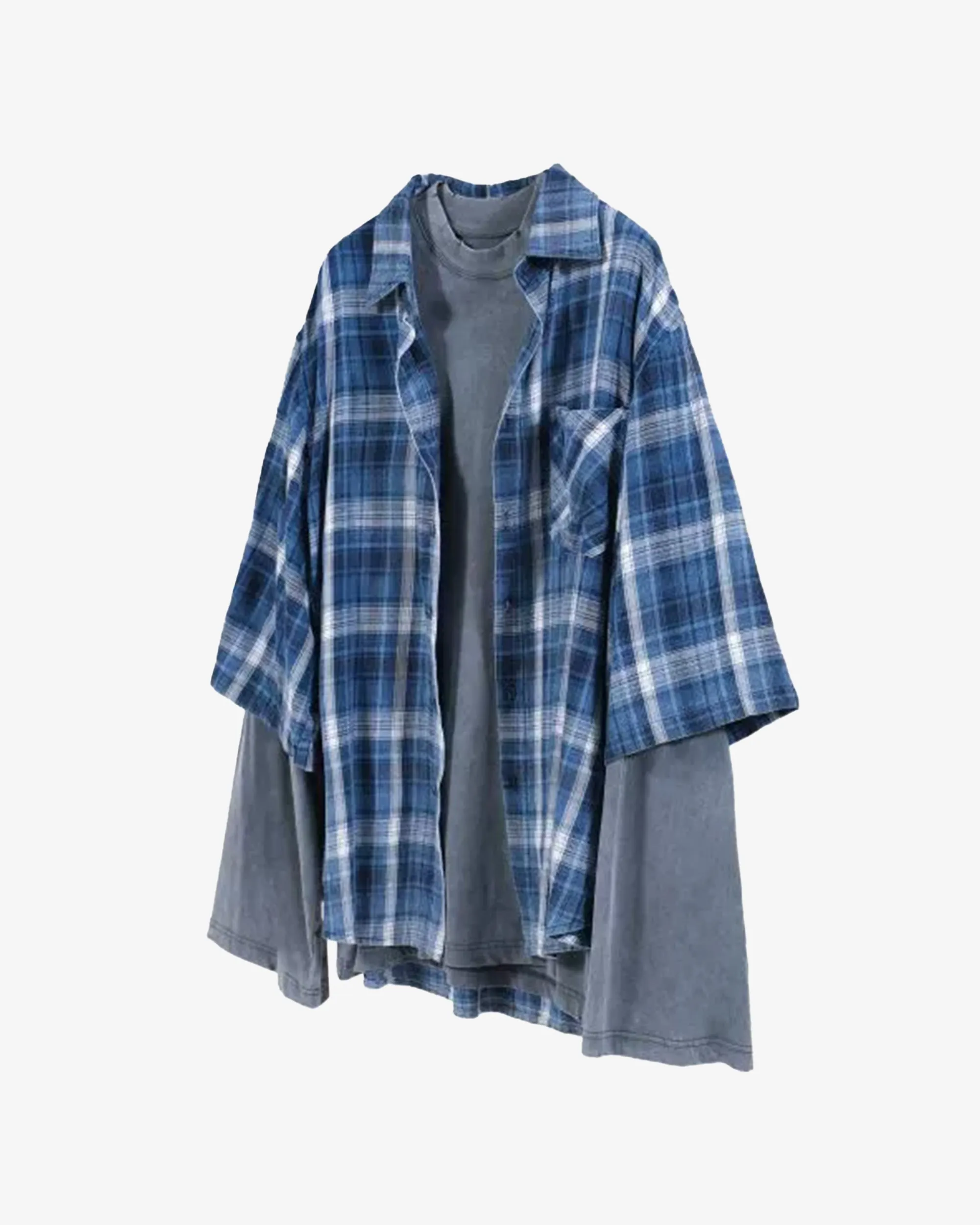 Two-Piece Blue Plaid Distressed Oversized Shirt