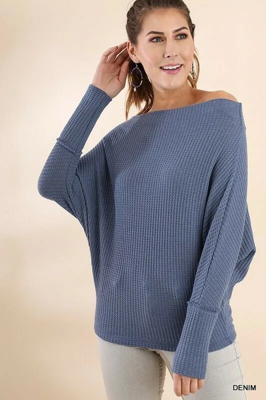 Umgee Denim Blue Knit Off Shoulder Long Sleeve Batwing Casual Solid Top