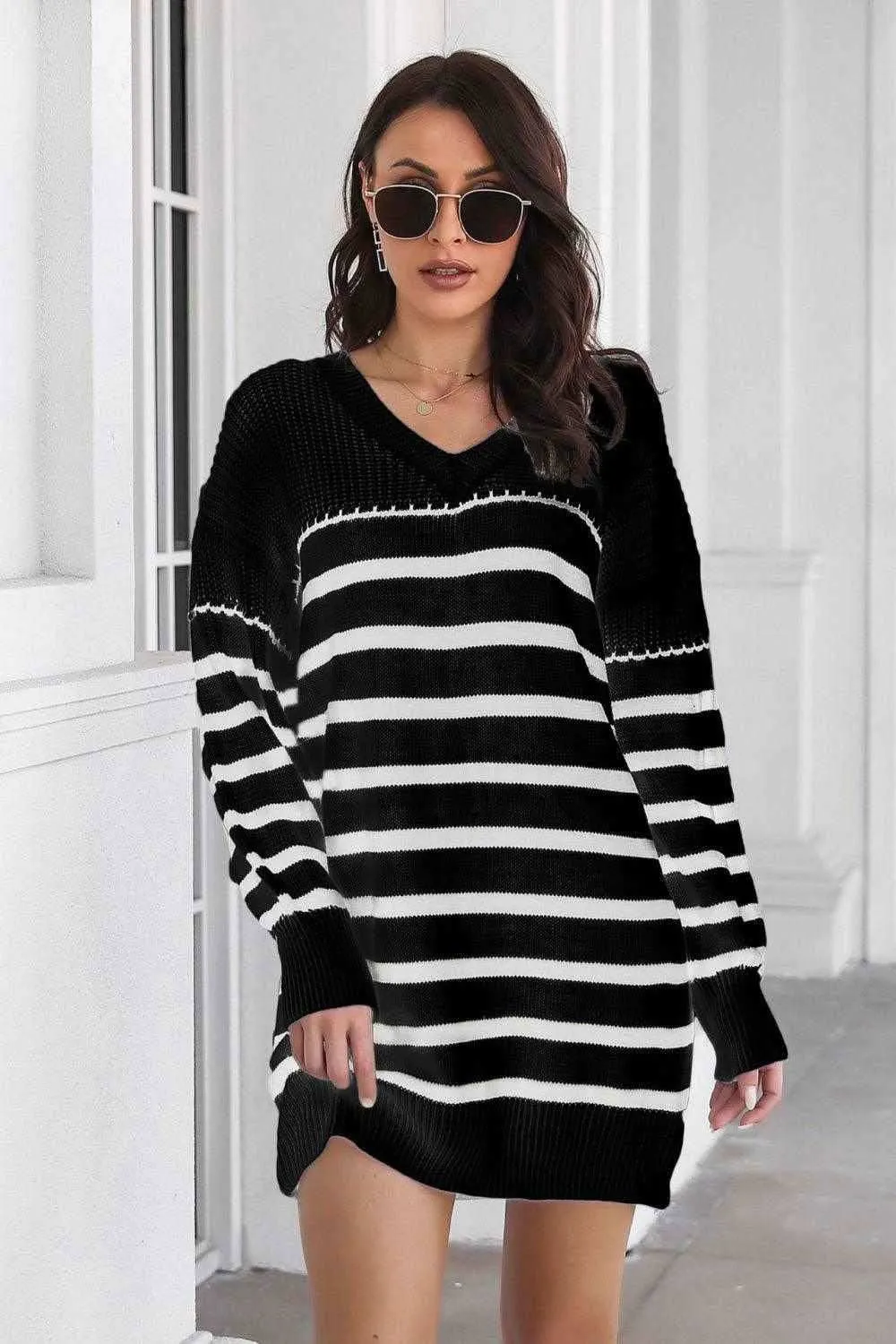 V-Neck Drop Shoulder Sweater Dress for Cozy Chic Style