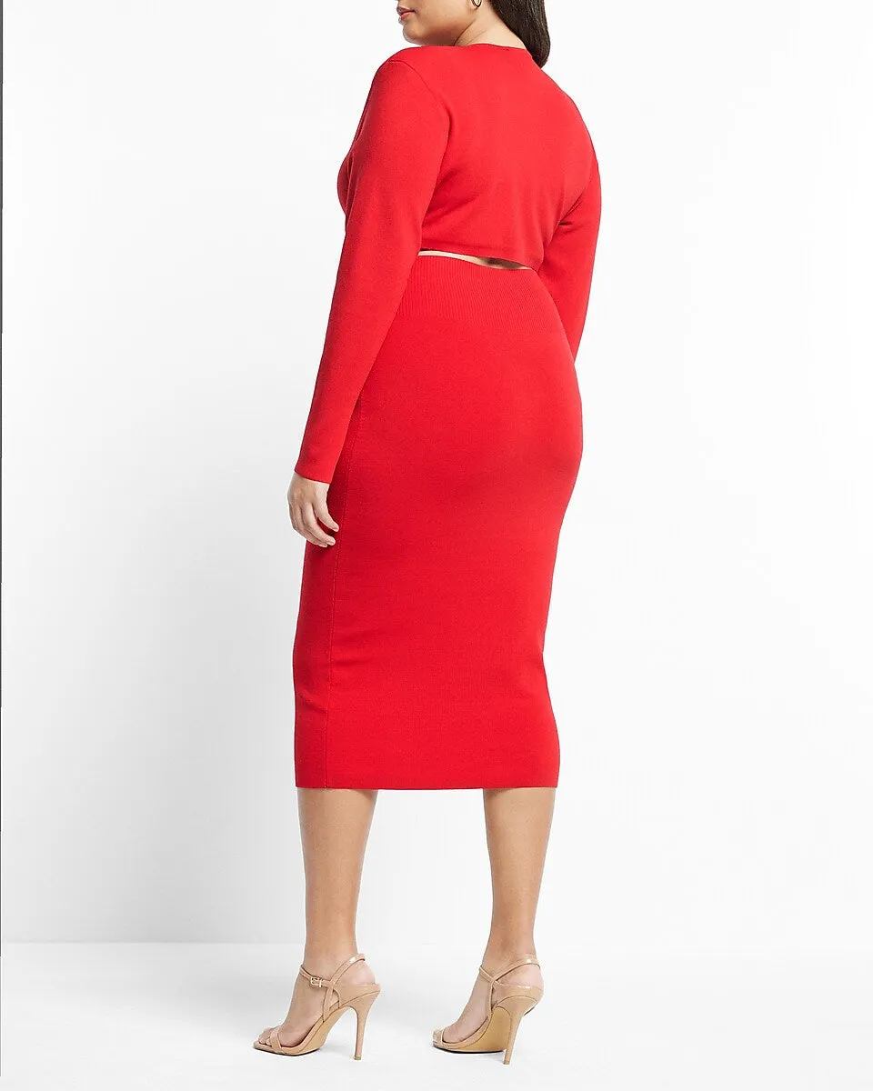 V-Neck Long Sleeve Padded Shoulder Back Cutout Midi Sweater Dress in Lipstick Red