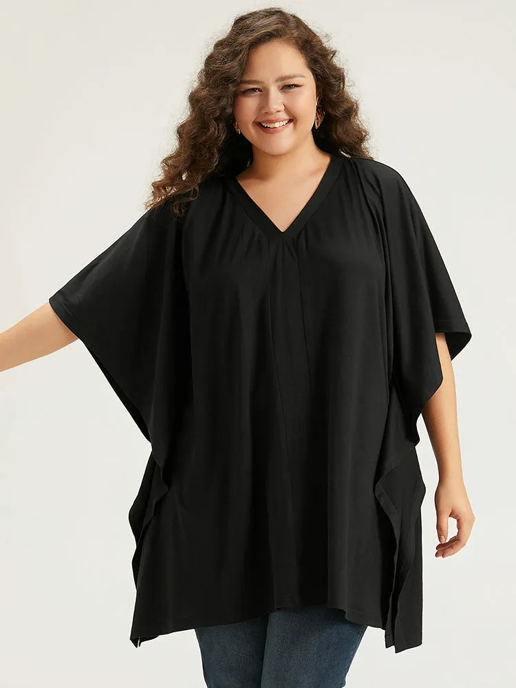 V Neck Solid Dolman Sleeve T-shirts