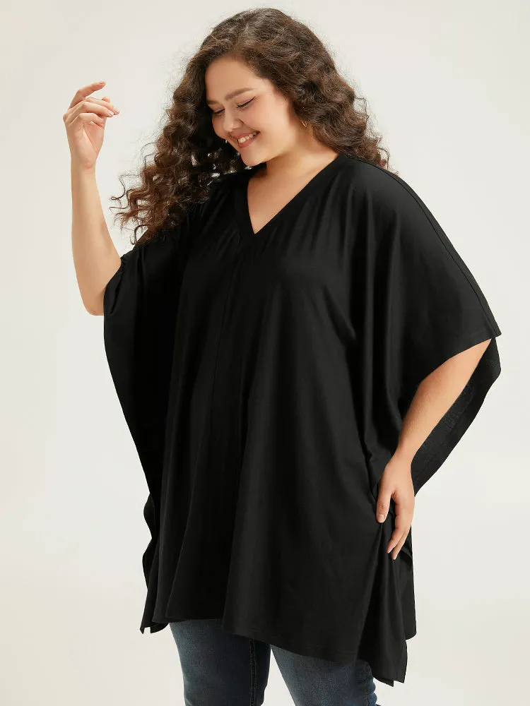 V Neck Solid Dolman Sleeve T-shirts