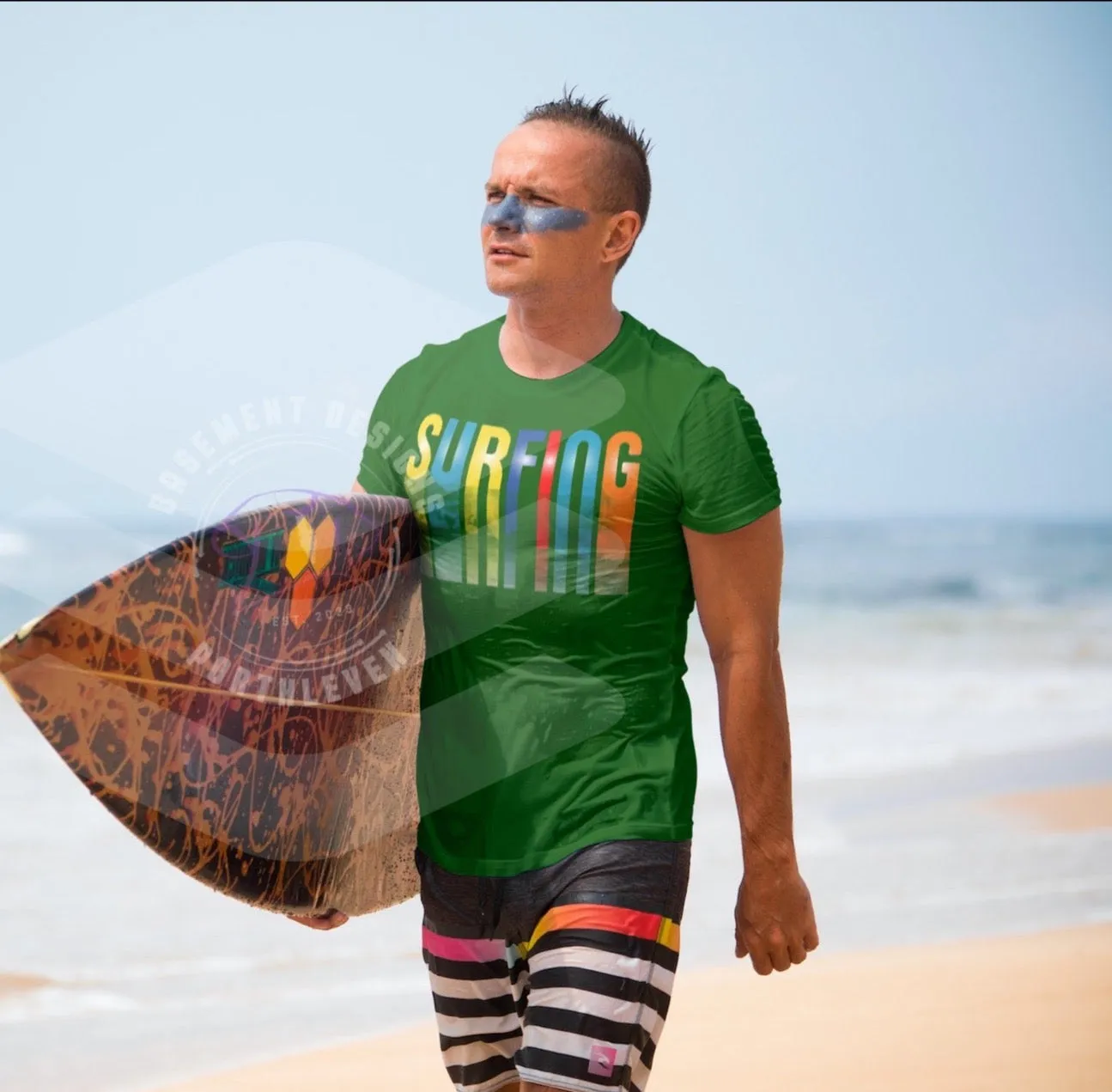 Vibrant Striped Surfing T-Shirt with Wave Design - Catch the Wave in Style