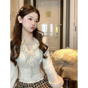 Vintage Lace Shirts Women Sweet Bow Bandage Puff Long Sleeve Crop Tops Korean Elegant Ruffles V Neck Tunic Chic Blouses