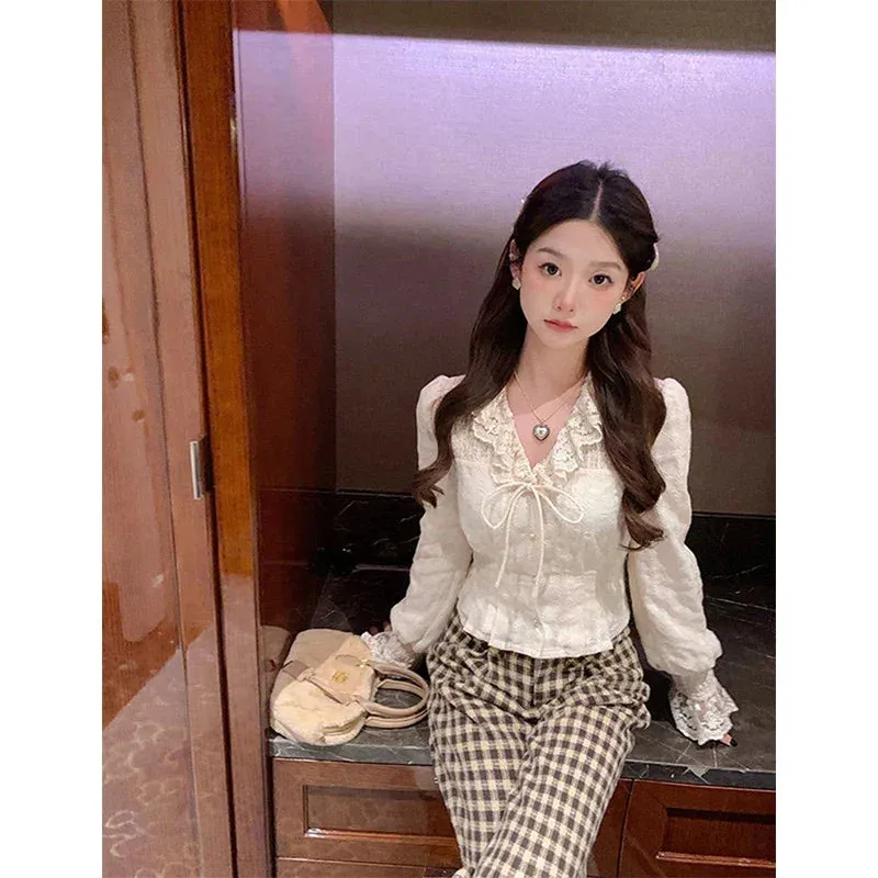 Vintage Lace Shirts Women Sweet Bow Bandage Puff Long Sleeve Crop Tops Korean Elegant Ruffles V Neck Tunic Chic Blouses