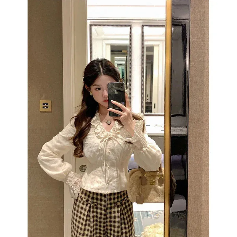 Vintage Lace Shirts Women Sweet Bow Bandage Puff Long Sleeve Crop Tops Korean Elegant Ruffles V Neck Tunic Chic Blouses