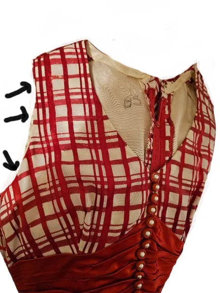 VINTAGE LATE 1960S EARLY 1970S RED AND WHITE PLAID PLEATED EVENING GOWN WITH RUCHED CUMMERBUND & PEARL BUTTONS