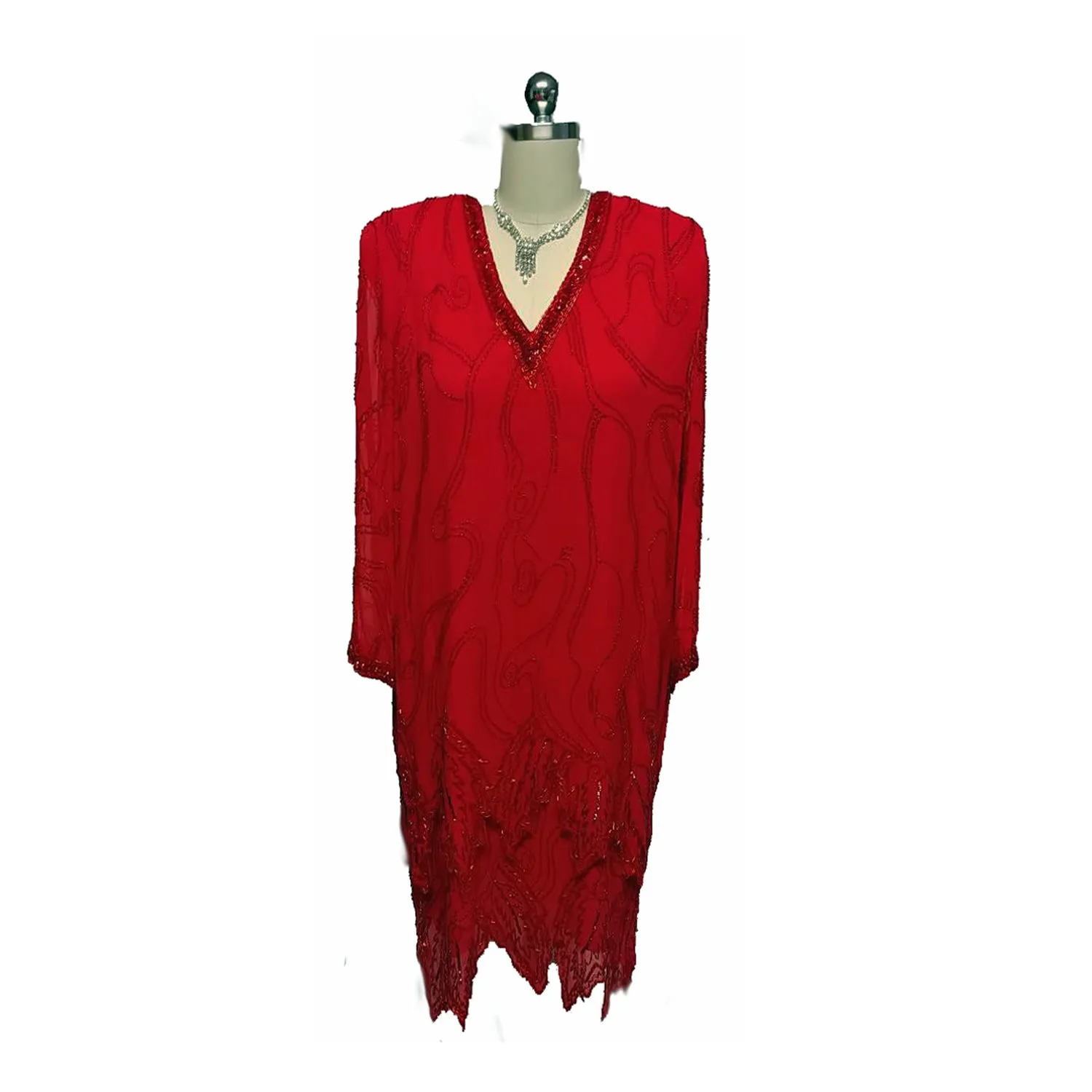 *VINTAGE NITE LINE HOLIDAY RED SILK SEQUIN & BEADED DRESS - LARGER SIZE