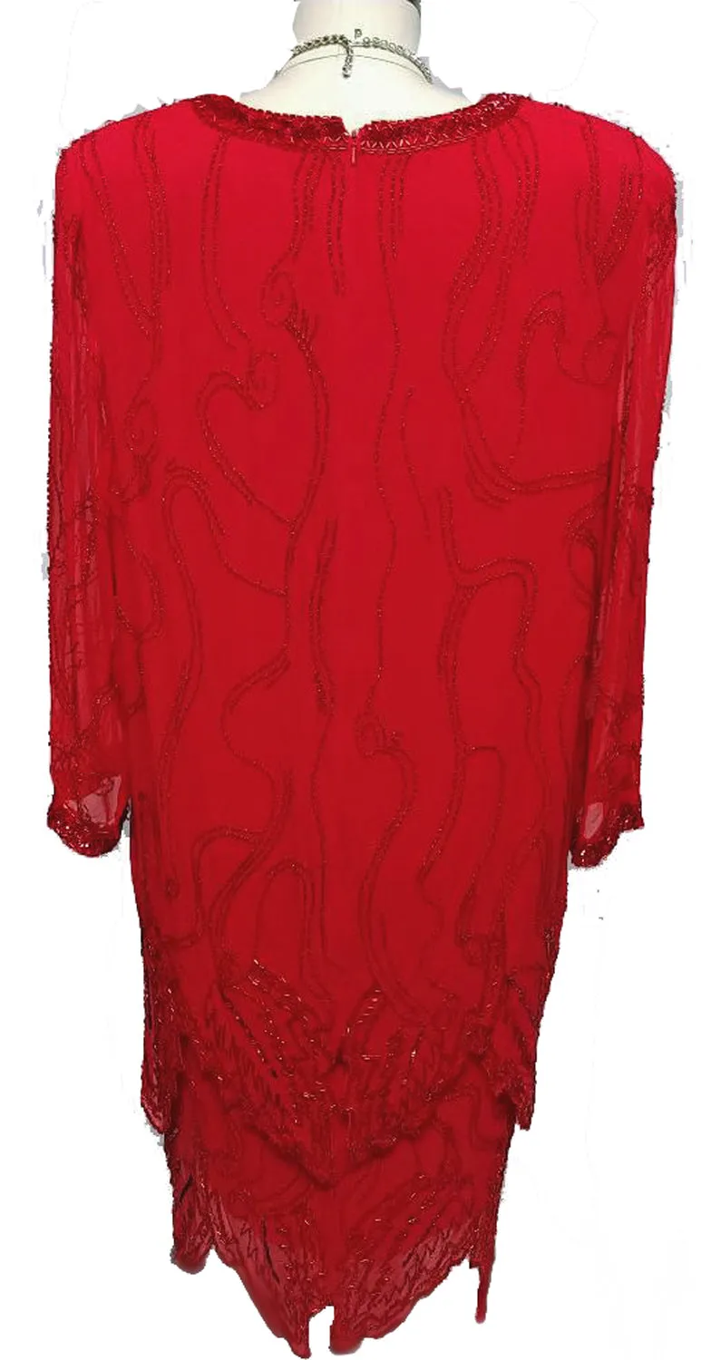 *VINTAGE NITE LINE HOLIDAY RED SILK SEQUIN & BEADED DRESS - LARGER SIZE