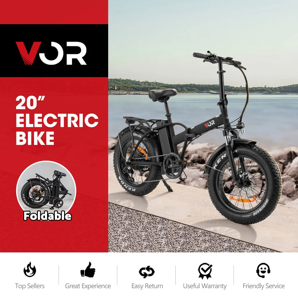 VOR 20 inch Folding Electric Bike 250W Brushless Shimano 7 Speed 4 inch Fat Tires Black