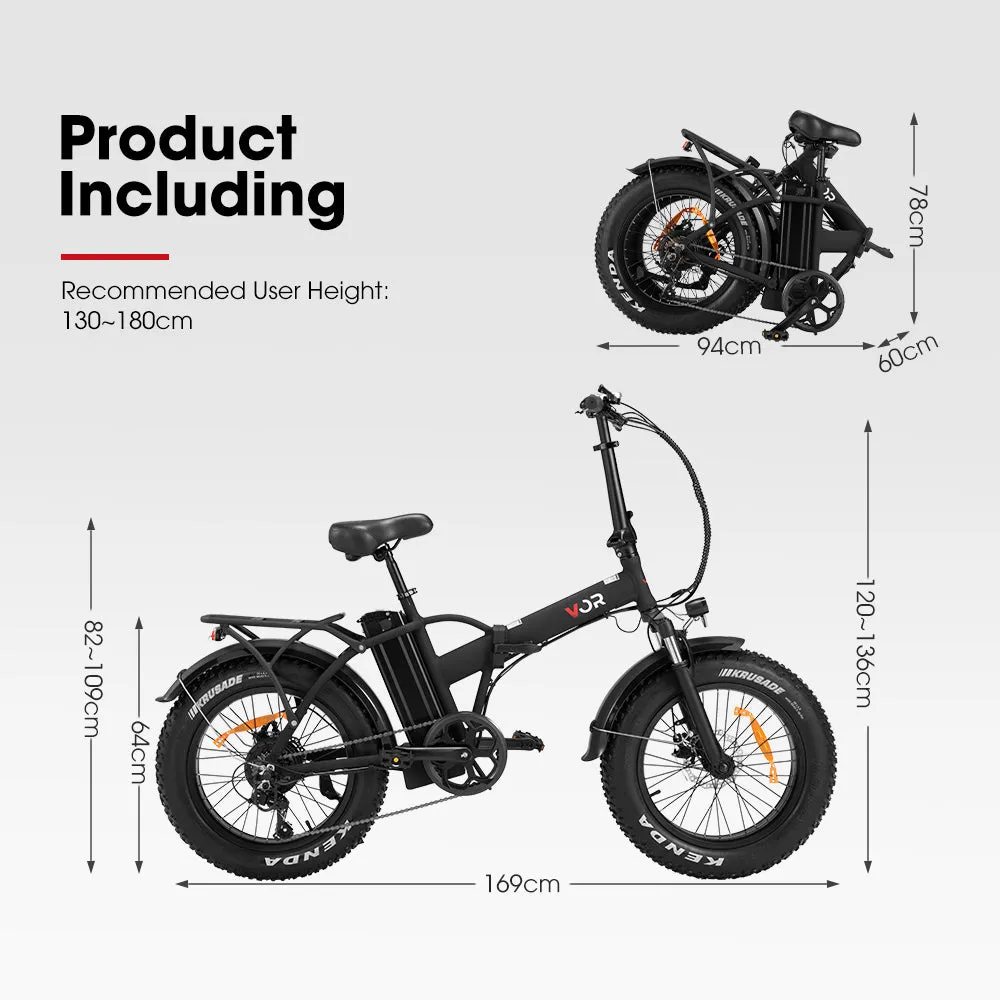 VOR 20 inch Folding Electric Bike 250W Brushless Shimano 7 Speed 4 inch Fat Tires Black