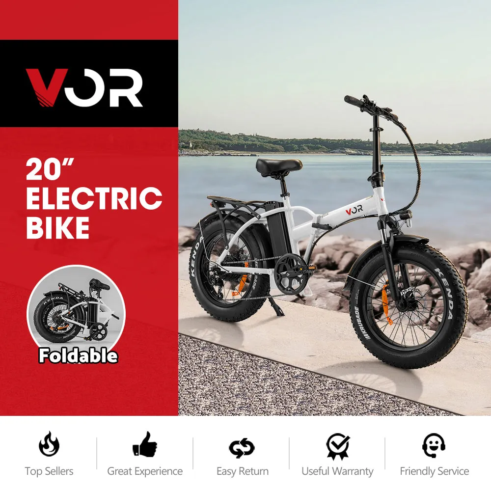 VOR 20 inch Folding Electric Bike 250W Brushless Shimano 7 Speed 4 inch Fat Tires White