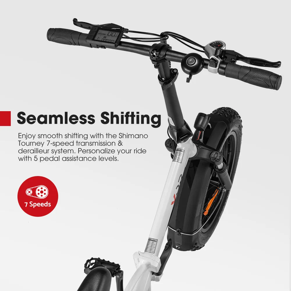 VOR 20 inch Folding Electric Bike 250W Brushless Shimano 7 Speed 4 inch Fat Tires White