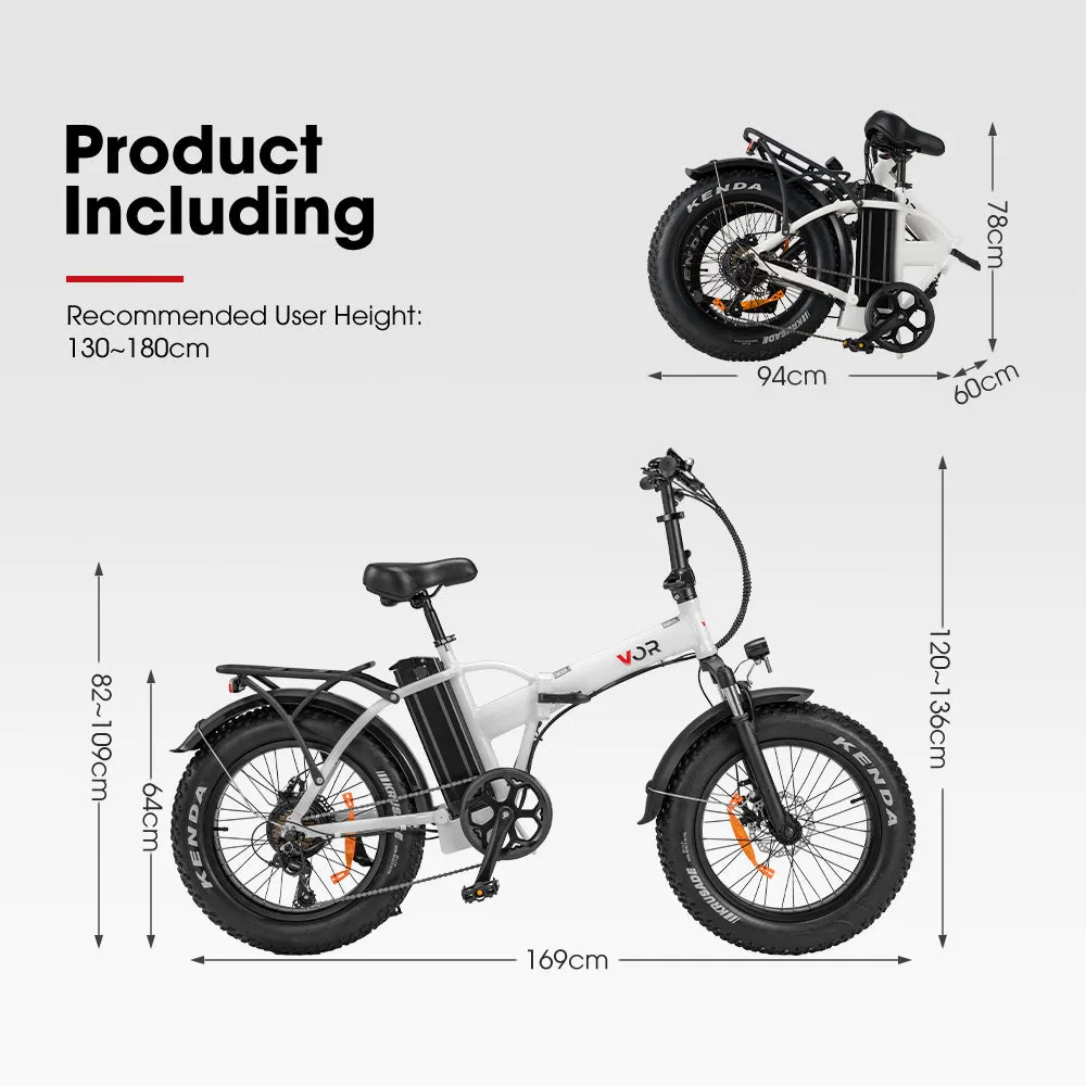 VOR 20 inch Folding Electric Bike 250W Brushless Shimano 7 Speed 4 inch Fat Tires White